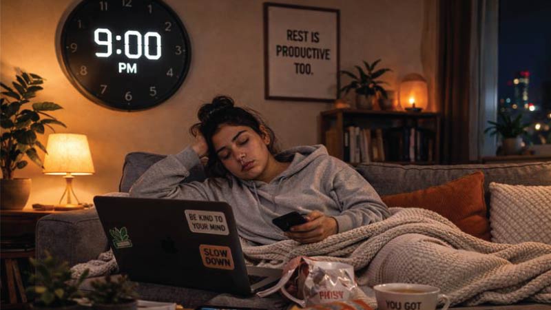 Image showing 9 PM habits, tired, hungry, night routine swaps, and how evening behavior impacts sleep and health